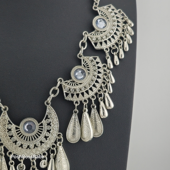 Boho Statement Necklace with Silver-Tone Crescent Medallions – 20-23" Length - Picture 4 of 12